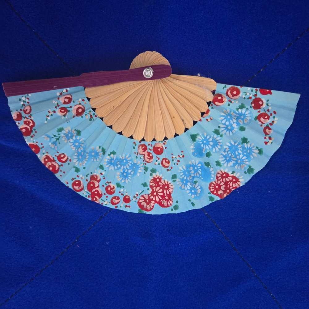 Vintage Miniature Folding Hand Fan Blue Floral Paper Bamboo Made in Japan 4"